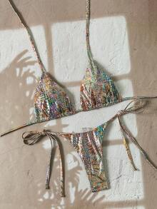 Swim SXY Conjunto de bikini sexy de 2 piezas con estampado animal y textura, sujetador triangular de halter y tanga con lazos laterales, ideal para vacaciones de primavera/verano en la playa - Multicolor - Ver 6