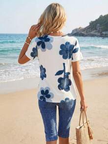 Sylviya 2件套女士夏季休闲碎花短袖T恤和裤子套装，休闲 - 彩色 - 查看 3