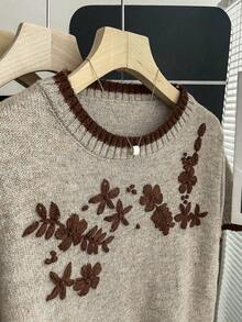 SHEIN Franclia 新款休闲宽松碎花甜美复古女式针织毛衣，春秋季 - 摩卡棕 - 查看 4