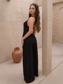 Duda Rubert 女士休闲百褶宽松直筒连体裤，可调节肩带，春夏 - 黑色 - 查看 4