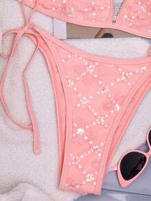 Swim Mod Conjunto de bikini de 2 piezas con parte superior de halter de tela floral y Bottom de lazos laterales, traje de baño para adultos - Rosa - Ver 8