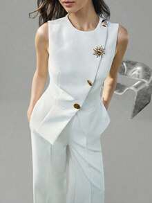 Ontre 2026春夏白色金属扣背心和阔腿裤两件套，适合现代都市派对、返校季、婚礼、都市简约休闲日常穿着、波西米亚风格、度假、节日、春季等场合。 - 白色 - 查看 1