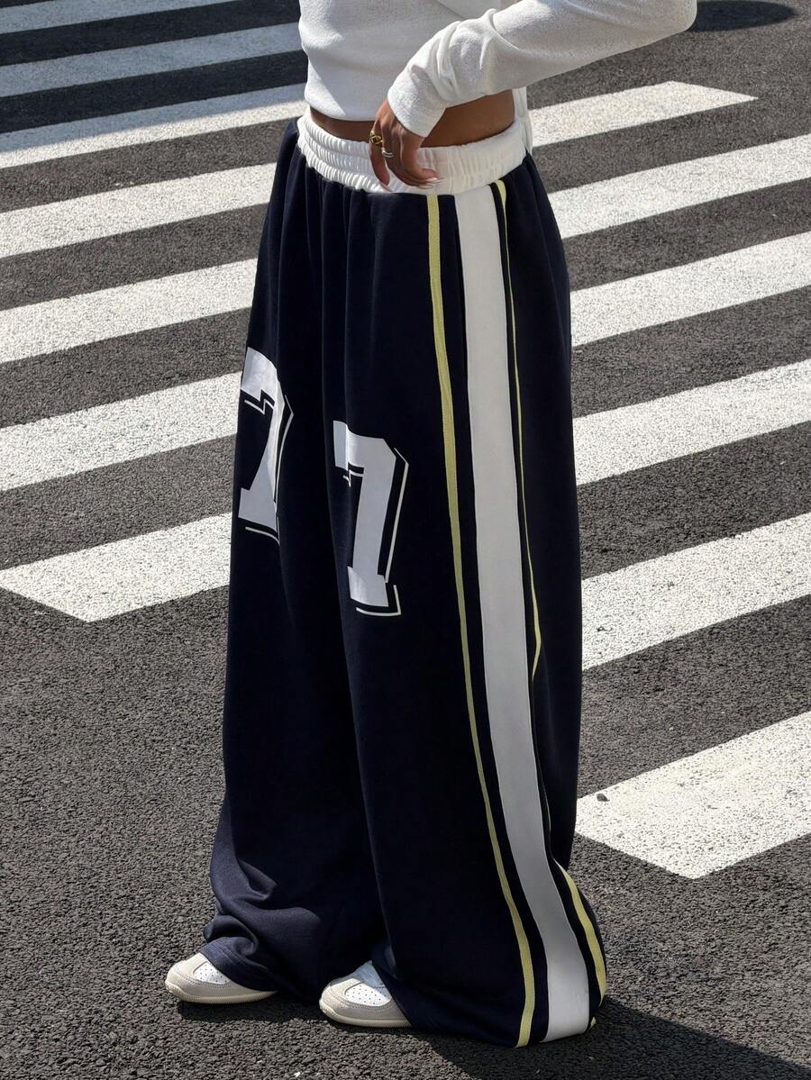 Muchica 女士弹力腰带数字印花休闲百搭日常运动裤 - 藏蓝色 - 查看 1