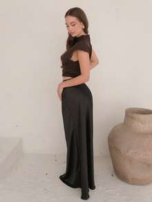 Duda Rubert 优雅高领宽松休闲百搭无袖针织毛衣背心，秋冬棕色毛衣 - 咖啡棕 - 查看 1