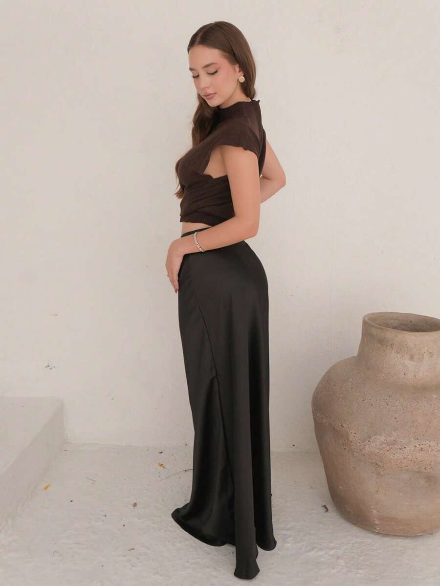 Duda Rubert 优雅高领宽松休闲百搭无袖针织毛衣背心，秋冬棕色毛衣 - 咖啡棕 - 查看 1