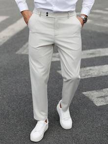 Manfinity Mode Men's Solid Color Pocket Casual Versatile Commute Suit Pants - Beige - View 3