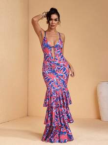 JIAN LASALA All-Over Tropical Print Spaghetti Strap Tie Back Deep V Sleeveless Layered Ruffle Maxi Dress - Multicolor - View 3