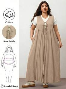 Enliva Jumpsuit Wanita Ukuran Besar dengan Kaki Lebar, Tali Depan dan Saku, Longgar, Cocok untuk Bentuk Tubuh Apel Bulat/2026/Tahun Baru - Khaki - View 2