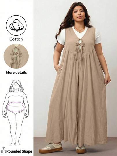 Enliva Plus Size Women's Wide Leg Jumpsuit With Tie Front And Pockets, Loose Fit, Compatible With Apple Rounded Body Shape/2026 /New Year