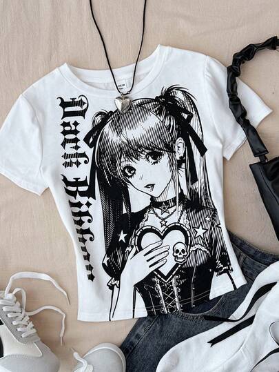 Teen Girls All-Match Crew Neck Elastic Fitted Short Sleeve T-Shirt, Comfortable & Graphic Print