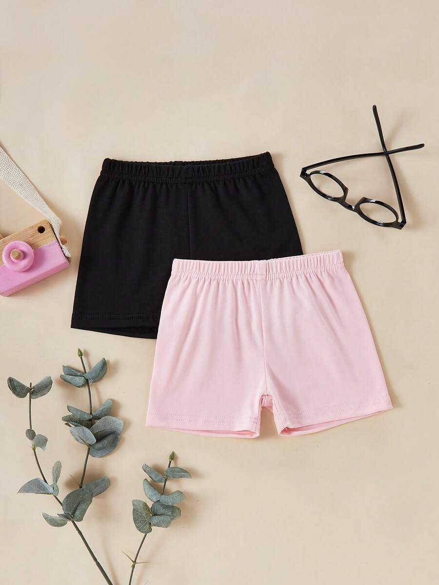 SHEIN Vintaside Kids 2件套少女可爱舒适多色打底裤,适合春夏休闲、运动和休闲穿着,简约舒适白色短裤套装 - 彩色 - 查看 1
