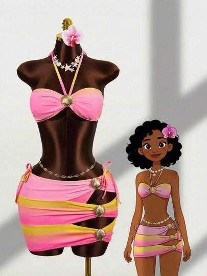 Zestiva 2026 Spring Summer New Women's Gradient Pink And Yellow Halter-Neck Strapless Bikini Three-Piece Set, Tie-Up Swim Trunks, Hollowed-Out Short Skirt, Pink Bikini Skirt Swimsuit Set, Cute And Brightly Colored Music Festival Outfit, Beach Party Outfit, Pool Party Outfit, Hollowed-Out Design, Starfish Metal Decoration, Black, Asian, European And American Style Outfit, Fashionable Outfit, Y2K Style. Bikini Skirt Set Bathing Suits For Women Pink Bikini Dress