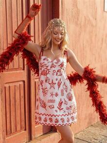 CAJUNI 度假休闲夏季热带趣味海洋元素贝壳印花细肩带系带短款连衣裙 - 紅白色 - 查看 1