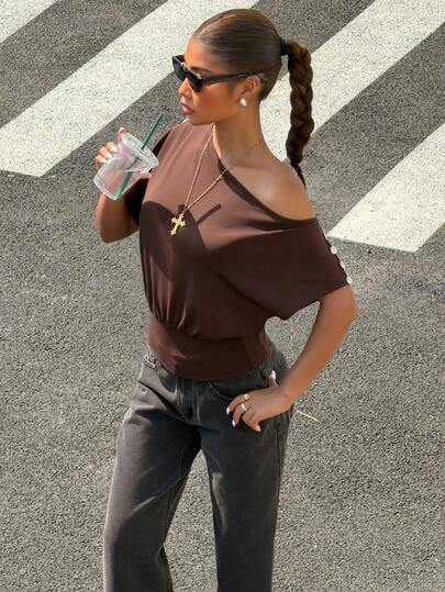 Muchica Brown Knit Bodycon One-Shoulder T-Shirt For Women