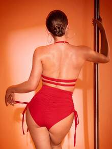 Menodora SHEIN Sport Menodora Women's Solid Color High Waist Side Drawstring Pole Dance Sports Bra Pole Dance Outfit Set Pole Dance Underwear Sports Underwear  Other Dance Wear Red Color Casual Daily - Red - View 3