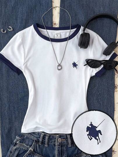 SHEIN 少女宽松撞色圆领T恤，带小logo印花