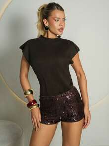 Sandy Gomes 优雅高领宽松休闲百搭无袖针织毛衣背心，秋冬棕色毛衣 - 咖啡棕 - 查看 4