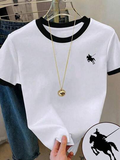 SHEIN 少女宽松撞色圆领T恤，带小logo印花