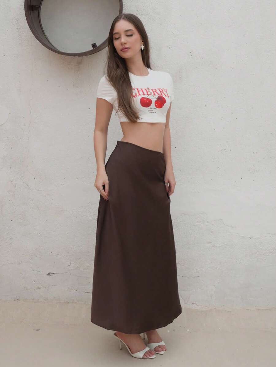 Duda Rubert 女士缎面半身裙，百搭鱼尾裙摆半身裙，日常穿着，棕色半身裙 - 咖啡棕 - 查看 1