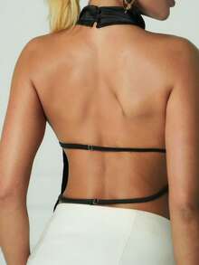 Sandy Gomes 女士新款高领露背缎面吊带背心，适合派对穿着 - 黑色 - 查看 2