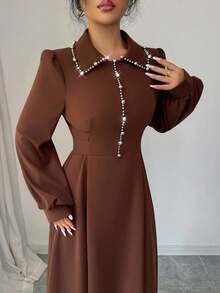 Al Najma 女士棕色长袖针织泡泡珠腰A字连衣裙，后腰系带设计，尽显优雅气质 - 棕色 - 查看 4