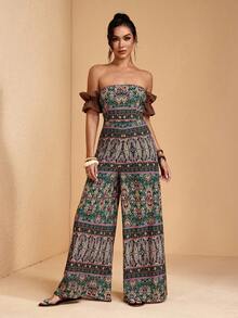 JIAN LASALA Bộ jumpsuit không dây vai, tay bồng, ống rộng, in họa tiết toàn thân, phong cách Bohemian, thường ngày, thích hợp cho du lịch hoặc nghỉ dưỡng. - Nhiều màu - Xem 3
