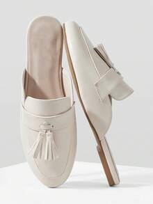 Mnmlis 女士休闲百搭流苏设计平底一脚蹬鞋 - 杏色 - 查看 2