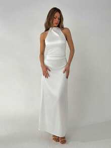 Aloruh Women's Green Draped Neck Tie-Waist Ruched Backless Dress, Spring/Summer - White - View 9