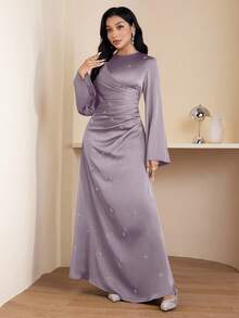 Veilorie Women's Solid Color Pleated Elegant Cinched Waist Dress, Suitable For Dates And Parties - Mauve Purple - View 3