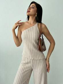 Firerie Nuevo conjunto elegante de vacaciones de primavera/verano de top de lino beige con un hombro, espalda descubierta, cintura fruncida y bajo asimétrico, y pantalones largos de cintura alta de lino. Conjunto de 2 piezas - Albaricoque - Ver 12