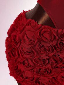 两件套女士性感前卫约会之夜套装，扭结蝴蝶装饰透视连体衣和印花半身裙 - 紅色 - 查看 3