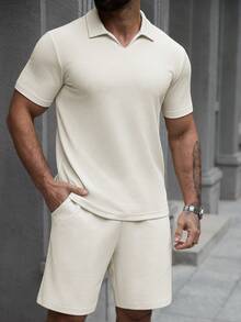 Manfinity Homme Men's Solid Color Short Sleeve Polo Shirt And Shorts Casual Outfit, Suitable For Daily Commute And Travel Mens Two Piece Set Men Clothes Two Piece Man Clothes Outfit Set Men S Co Ord Set Beach Outfit For Men Top - Beige - View 1