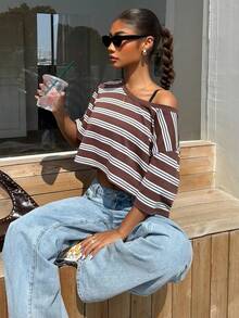 Muchica 女士休闲条纹圆领短款T恤，夏季 - 彩色 - 查看 5