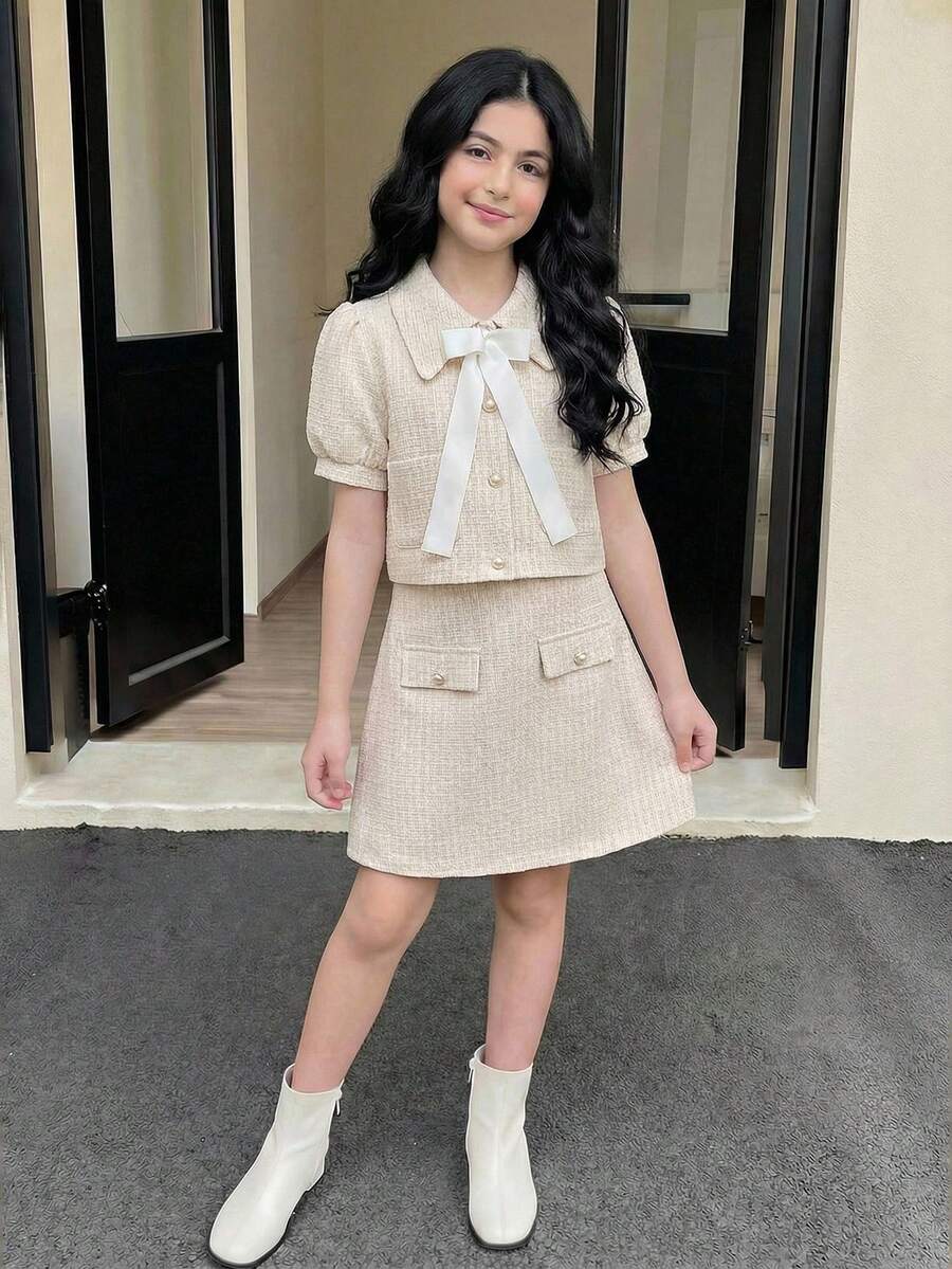 两件套少女夏季翻领泡泡袖上衣和裙子套装，优雅淑女风 - 米色 - 查看 1