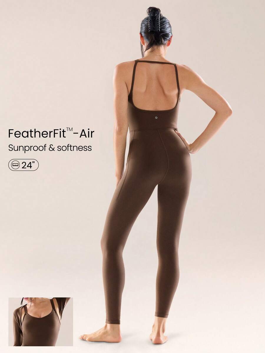GLOWMODE Áo liền thân FeatherFit™-Air 24" mang lại cảm giác thoải mái, mềm mại như bơ, co giãn, thấm hút mồ hôi, có mút ngực tháo rời, túi bên hông, lưng hở, thích hợp cho yoga, pilates, tập gym, studio và mặc hàng ngày. - màu nâu - Xem 1