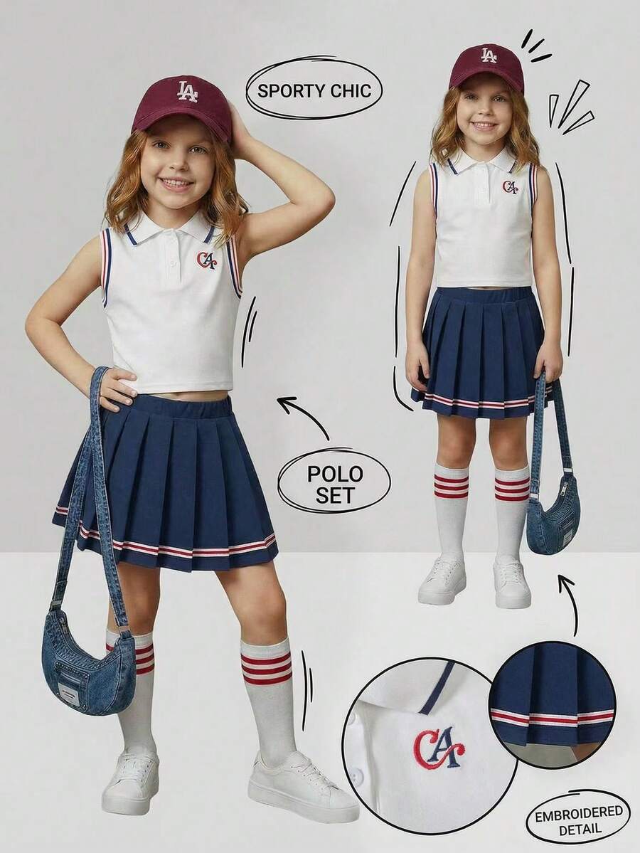 SHEIN Casuvi Kids 春夏女童两件套,针织罗纹领开衫背心,字母印花,搭配弹力腰褶裙,休闲校园风,适合户外、居家、日常穿着。 - 彩色 - 查看 1