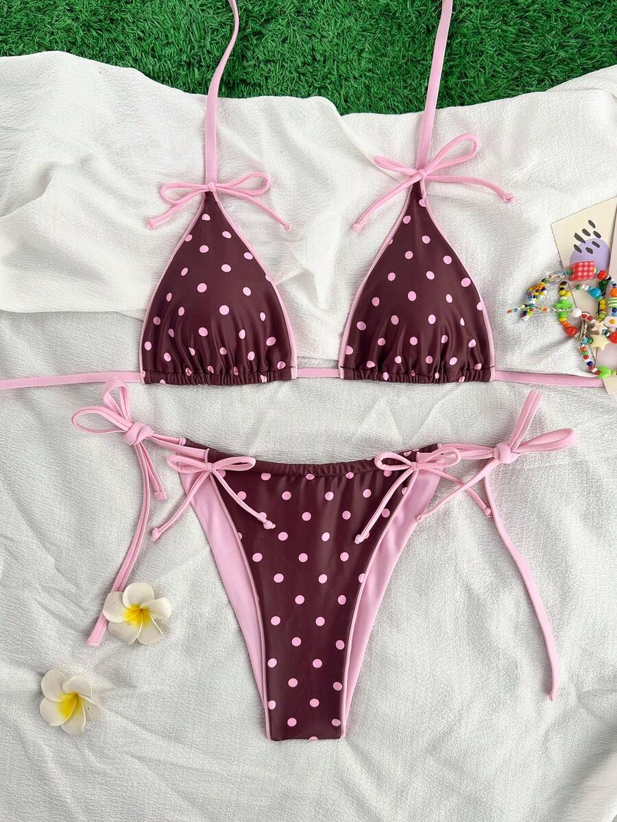 Swim Mod 两件套豹纹蝴蝶结性感女士比基尼套装，挂脖式吊带泳衣 - 彩色 - 查看 1