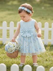 Souflis Souflis French New Style Baby Girl Light Blue Delicate Embroidered Mesh Sleeveless Dress With 3D Bow, Suitable For Parties, Outings And Various Occasions - Baby Blue - View 1