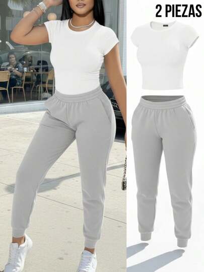 Conjunto set 2 piezas dama mujer casual playera cuello redondo manga corta jogger liso casual cómodo calientito primavera verano otoño juvenil moderno suave cool stretch ajustable deporte ejercicio gym gimnasio térmico athlisure urban fashion look relajado