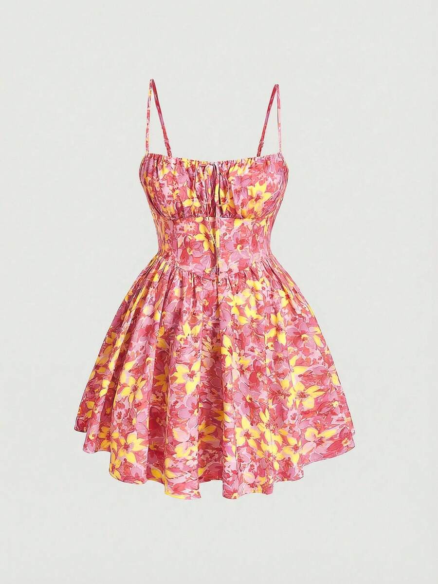 SHEIN MOD Đầm hai dây buộc phía trước in hoa toàn thân, đầm mùa hè, đầm đi biển, đầm maxi, trang phục đi nghỉ mát phong cách Boho, đầm corset. - Hồng - Xem 1