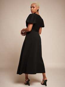 Vixey Petal Sleeve Deep V Neck Midi Length Swing Dress - Black - View 5