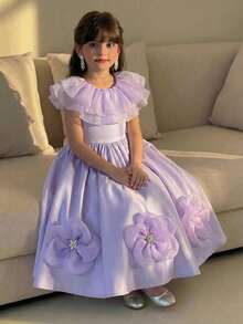 SHEIN Young Girl Woven Solid Color Ruffle Floral Casual Dress - Purple - View 4