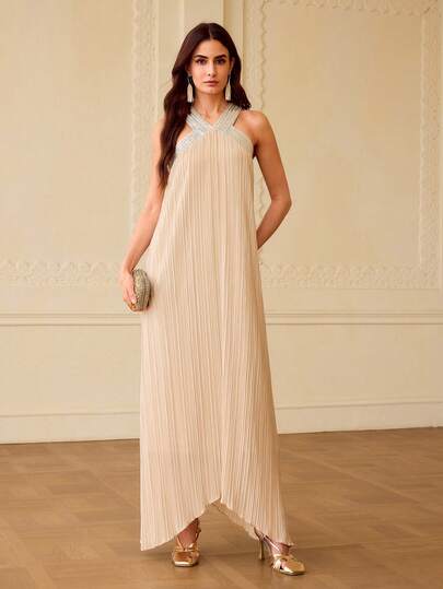 ZEYLAH Women's Elegant Party Sequin Decor Halter Dress