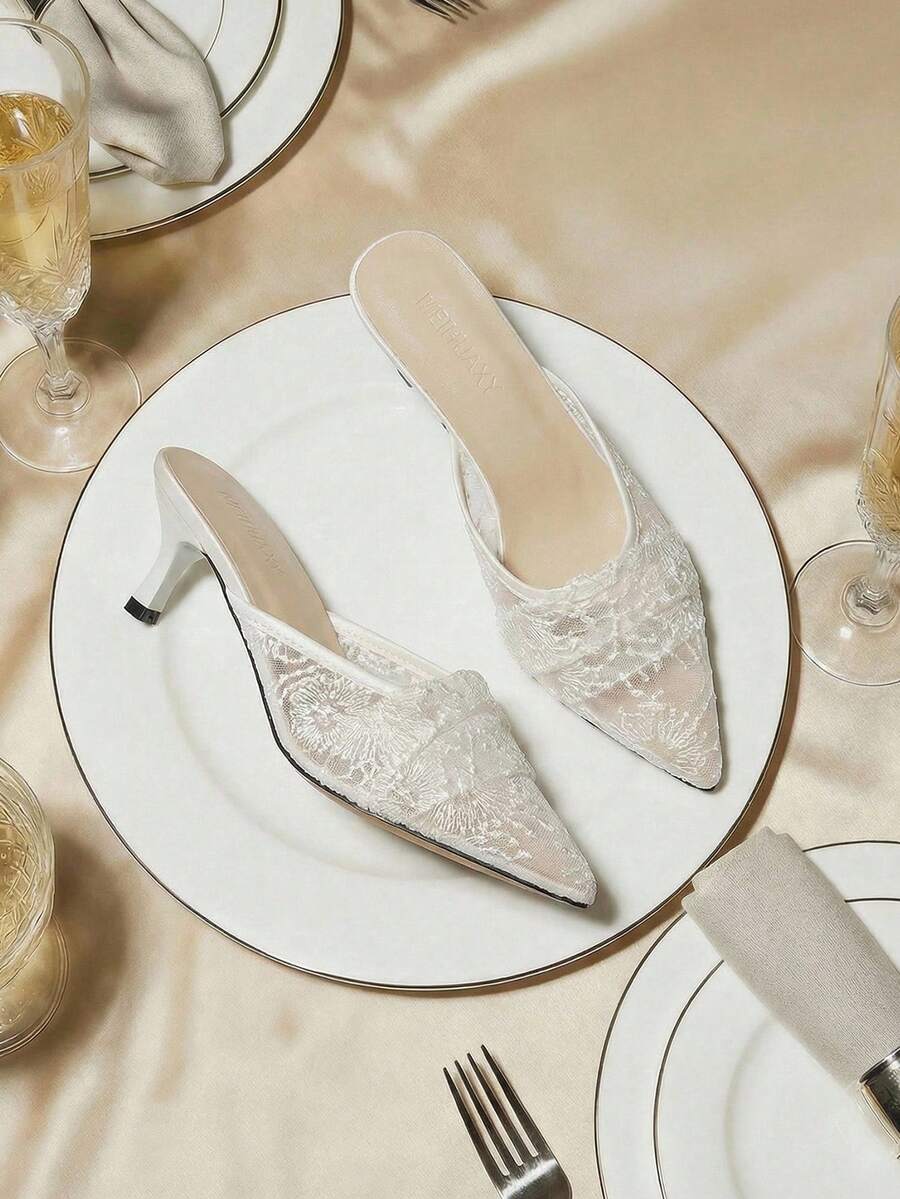Women Lace Mesh Backless Mule Shoes, New Summer 2025 Fashion Pointed Toe High Heels Mini Heels Sandals, Elegant Lady Style - White - View 1