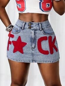 Slaydiva Chân váy mini denim ôm sát người, thêu chữ và có túi dành cho nữ. - Rửa nhẹ - Xem 4