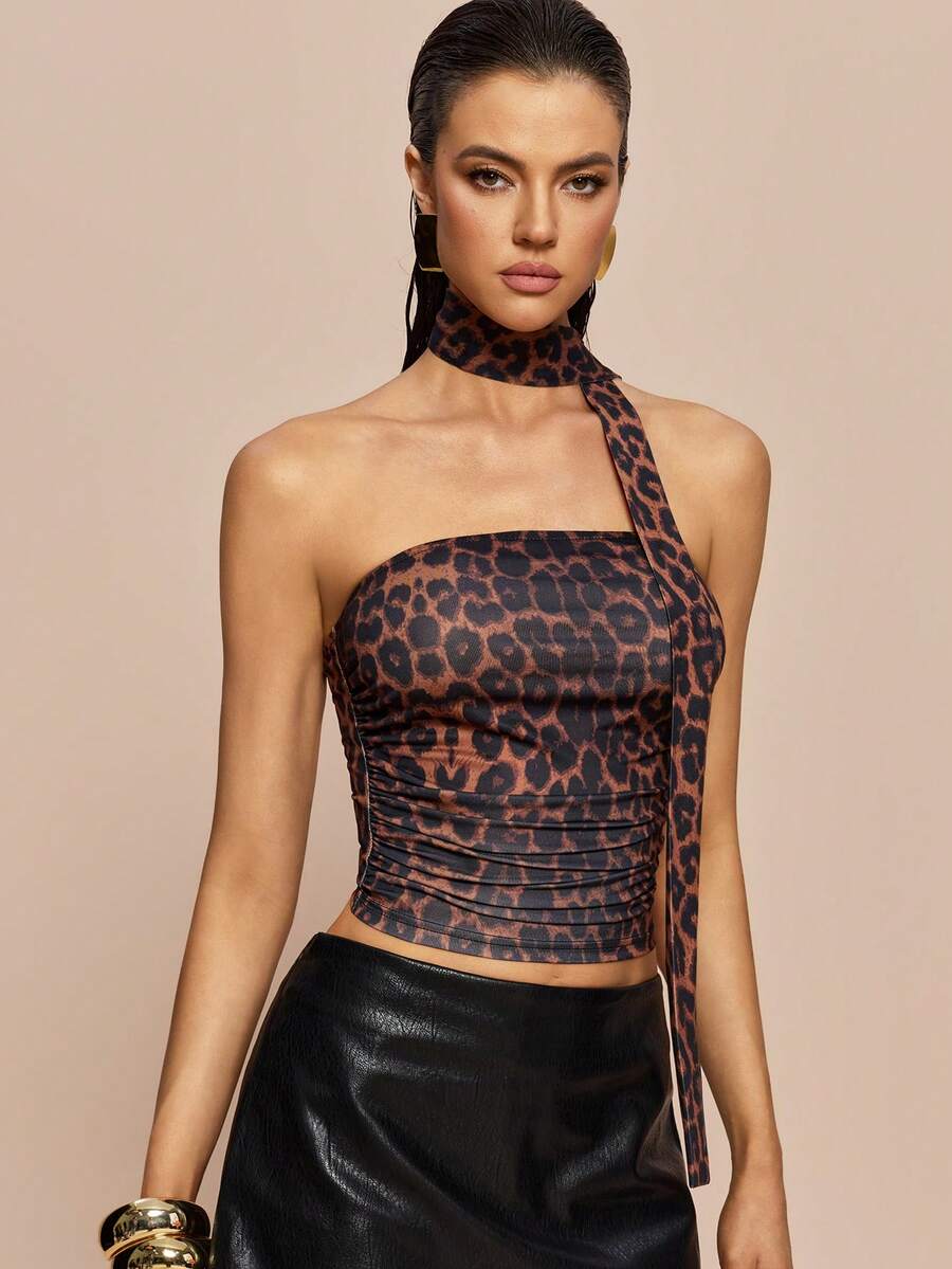 Olia Maree Women's Leopard Print Halter Neck Fitted Casual Top,Brown Summer 70s Club Night Party Cheetah Animal Print One Shoulder Bandeau Strapless Top - Coffee Brown - View 1