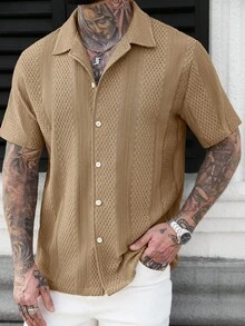 Manfinity CasualCool Men's Solid Color Knitted Textured Hollow-Out Design Jacquard Casual Short Sleeve Shirt - Khaki - View 6