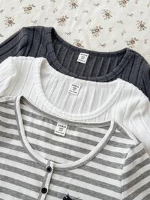 3件套少女夏季休闲针织短袖T恤 - 彩色 - 查看 4