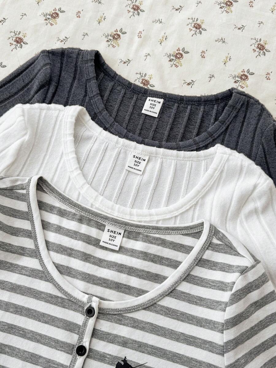 Set de 3 camisetas de manga corta de punto informales para niñas preadolescentes - Multicolor - Ver 1