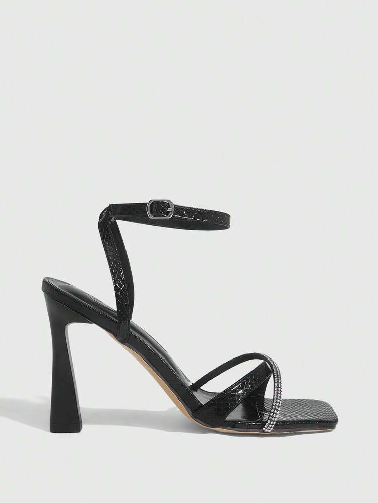 CUCCOO SZL Women Shoes Summer New Square Toe High Heel Black Thin Strip With Rhinestone Belt Ankle Strap Women's High Heel Sandals Simple Fashion Sexy Gorgeous Party Nightclub Women's Sandals Women's Shoes